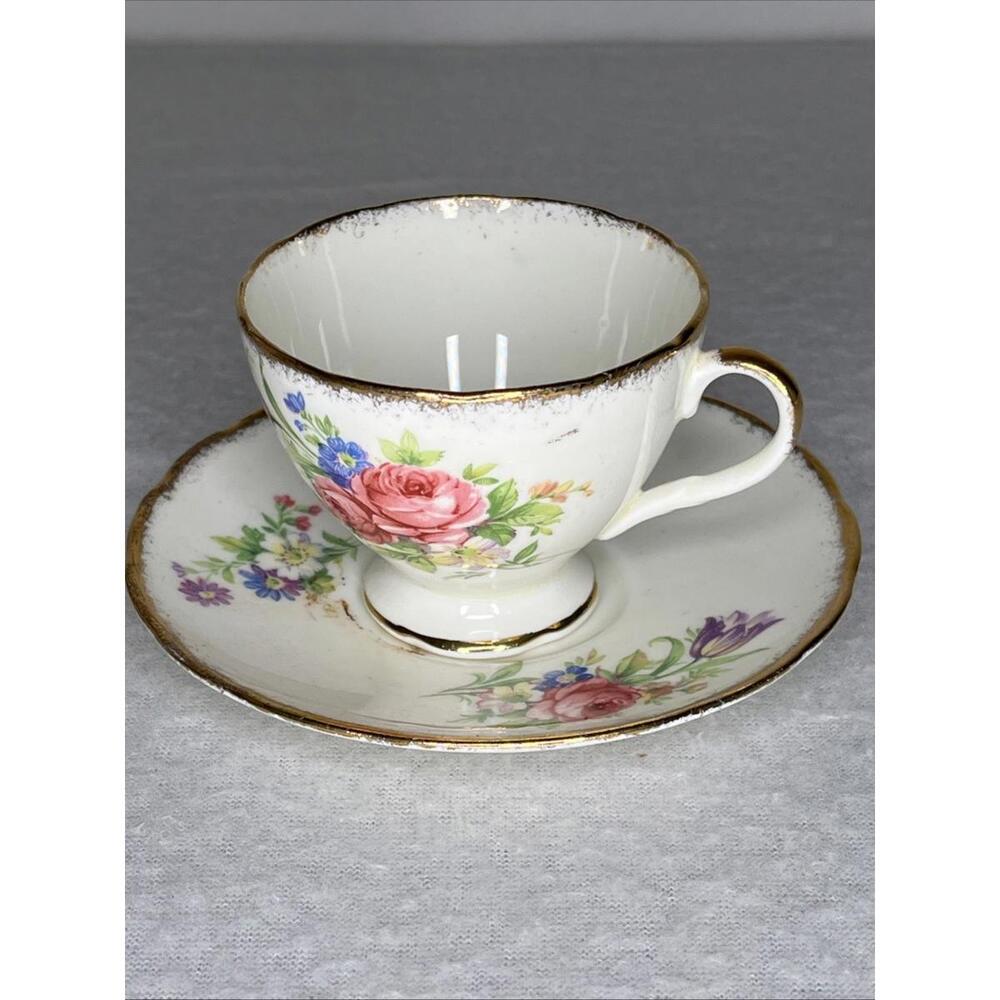 "FOLEY TULIP" E. BRAIN Footed Demi Cup & Saucer English Bone China Gold Trim